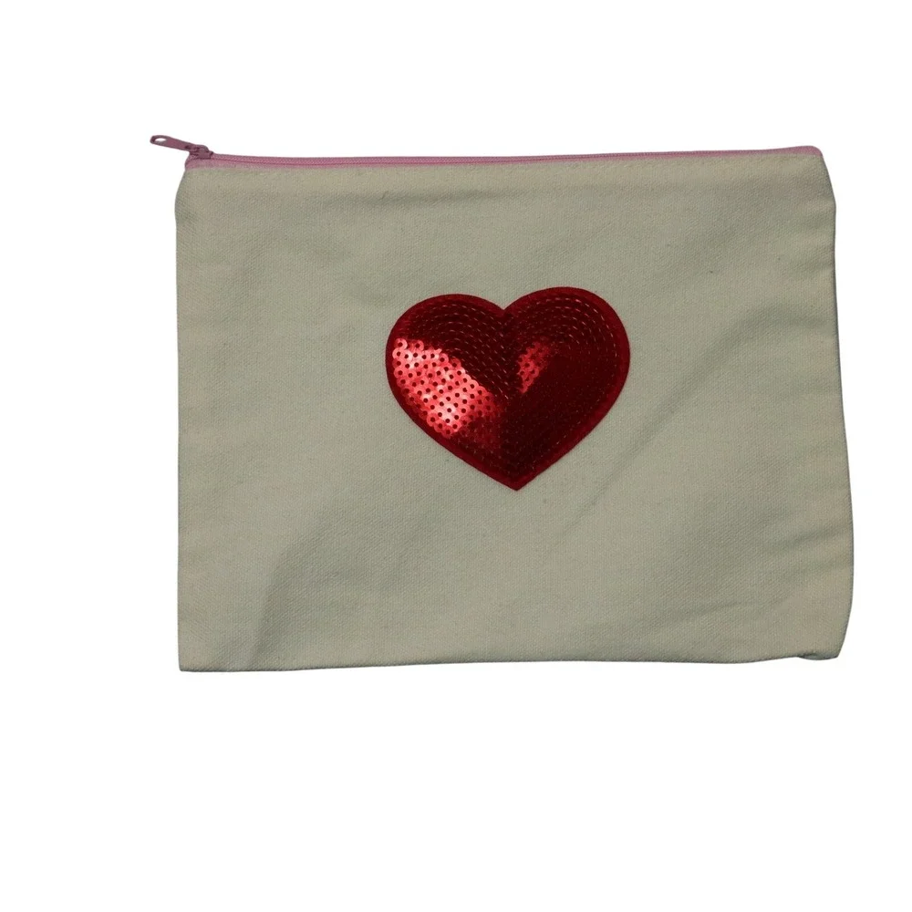 Red Sequin Pink Zipper‎ Canvas Pouch Handmade Makeup Bag